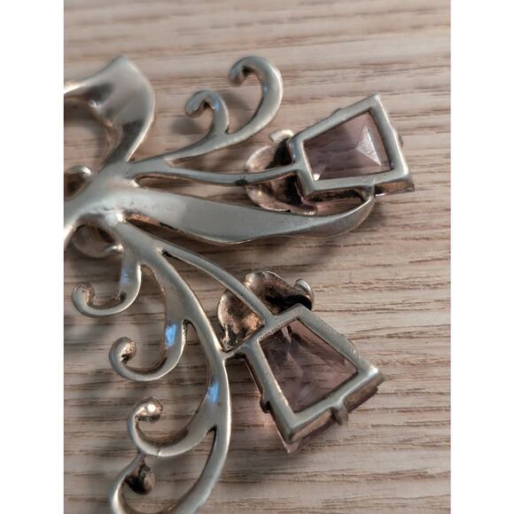 Vintage 40's Hollywood Regency Sterling Amethyst Glass Flower Ribbon Brooch - Picture 4 of 7